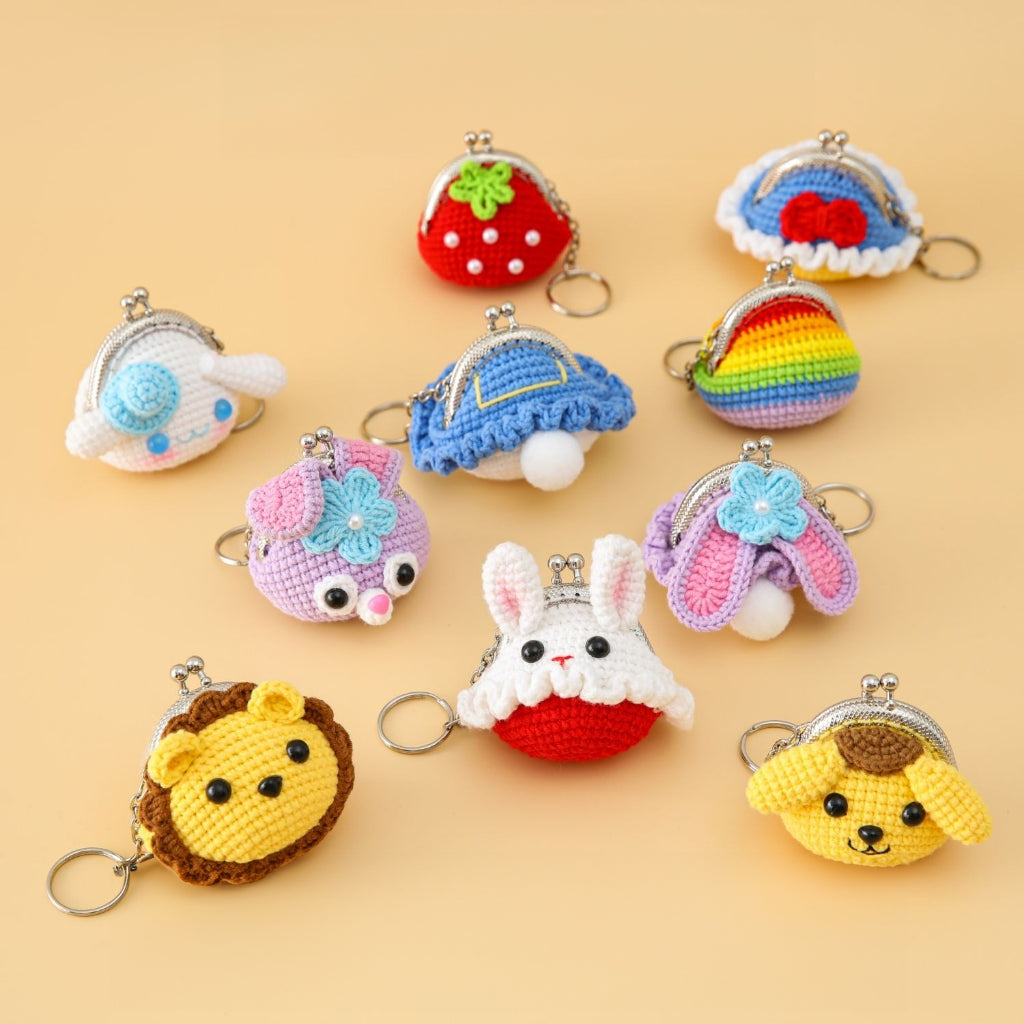 [SG Stock] Cute and Funny Handmade Crochet Cartoon Coin Purse Mini Keychain Pouch for Kids Earphone Cable Organizer
