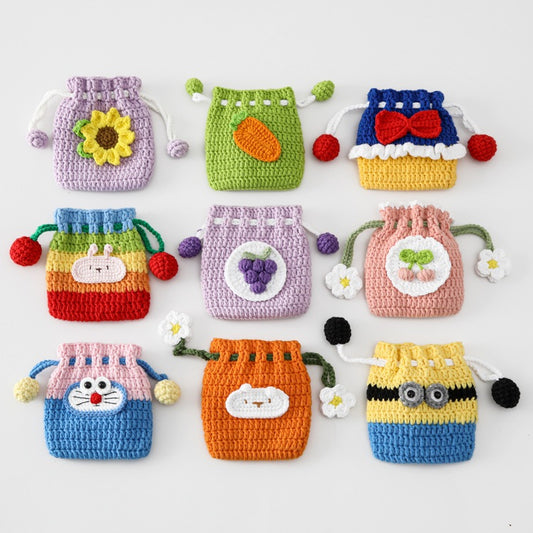 [SG Stock] Cute and Funny Handmade Crochet Drawstring Pouch Coin Purse Earphone Bag Jewelry Key Bag Mini Gift Bag