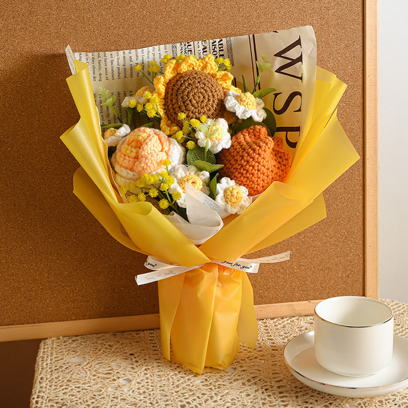 [SG Stock] Cute and Funny Sunflower Knitted crochet toy bouquet doll flower for Wedding House Warming Graduation Gift