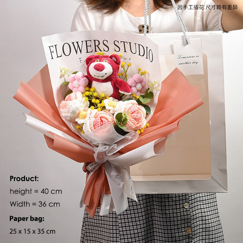 [SG Stock] Cute and Funny Roses Knitted Wool Bouquet Woolen Flower for Wedding House Warming Graduation Gift
