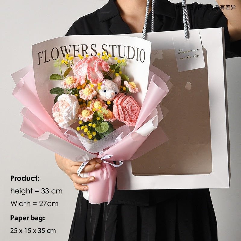 [SG Stock] Cute and Funny Roses Knitted Wool Bouquet Woolen Flower for Wedding House Warming Graduation Gift