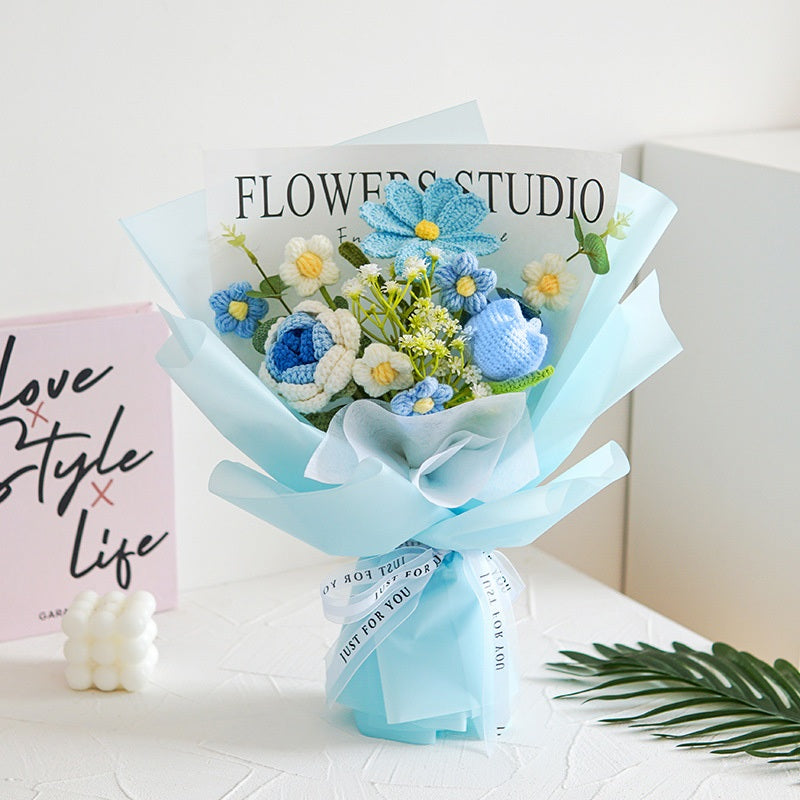 [SG Stock] Cute and Funny Roses Knitted Wool Bouquet Woolen Flower for Wedding House Warming Graduation Gift