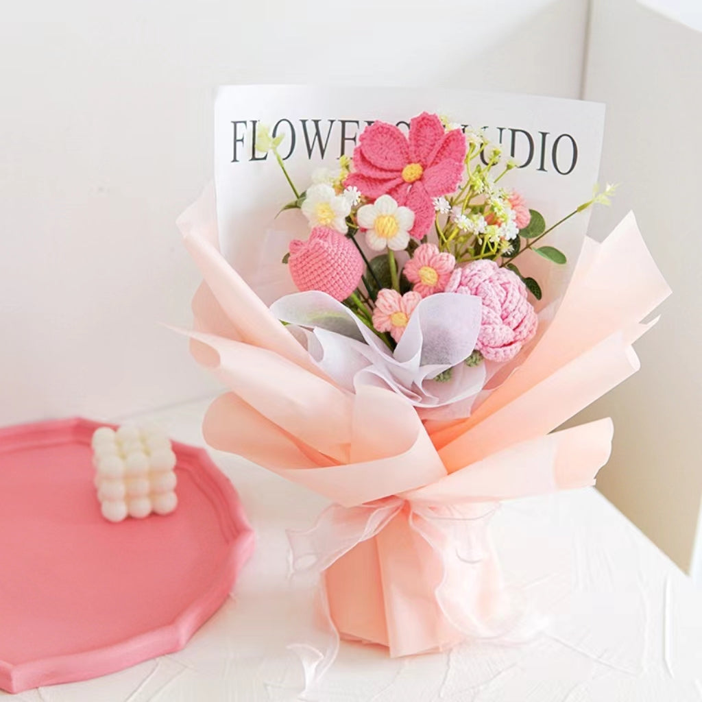 [SG Stock] Cute and Funny Roses Knitted Wool Bouquet Woolen Flower for Wedding House Warming Graduation Gift