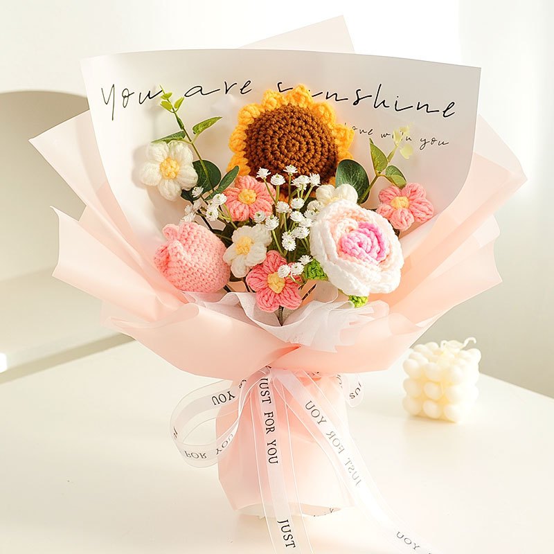 [SG Stock] Cute and Funny Roses Knitted Wool Bouquet Woolen Flower for Wedding House Warming Graduation Gift