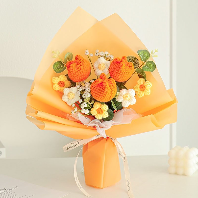 [SG Stock] Cute and Funny Roses Knitted Wool Bouquet Woolen Flower for Wedding House Warming Graduation Gift