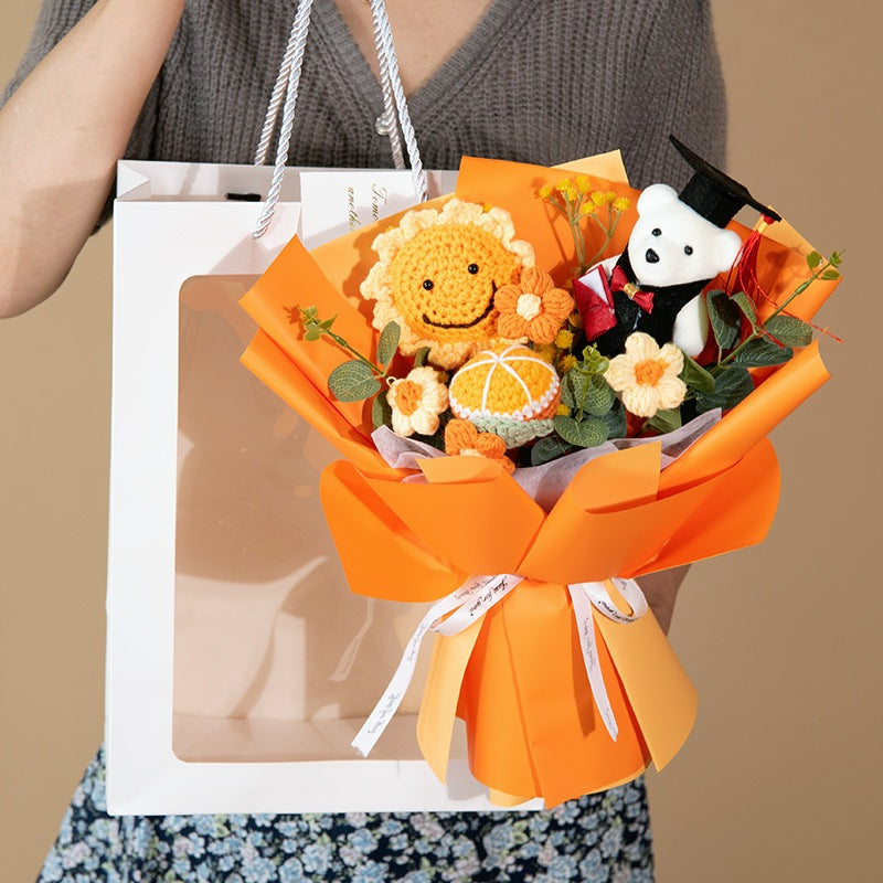 [SG Stock] Cute and Funny Sunflower Knitted crochet toy bouquet doll flower for Wedding House Warming Graduation Gift