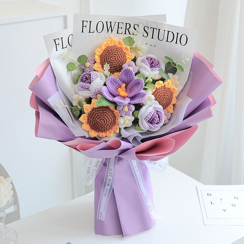 [SG Stock] Cute and Funny Sunflower Knitted crochet toy bouquet doll flower for Wedding House Warming Graduation Gift