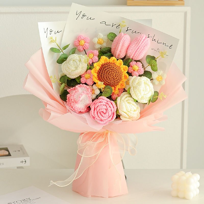 [SG Stock] Cute and Funny Big Sunflower Knitted Mixed Flower Bouquet for Wedding House Warming Graduation Gift