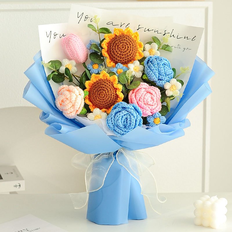[SG Stock] Cute and Funny Big Sunflower Knitted Mixed Flower Bouquet for Wedding House Warming Graduation Gift