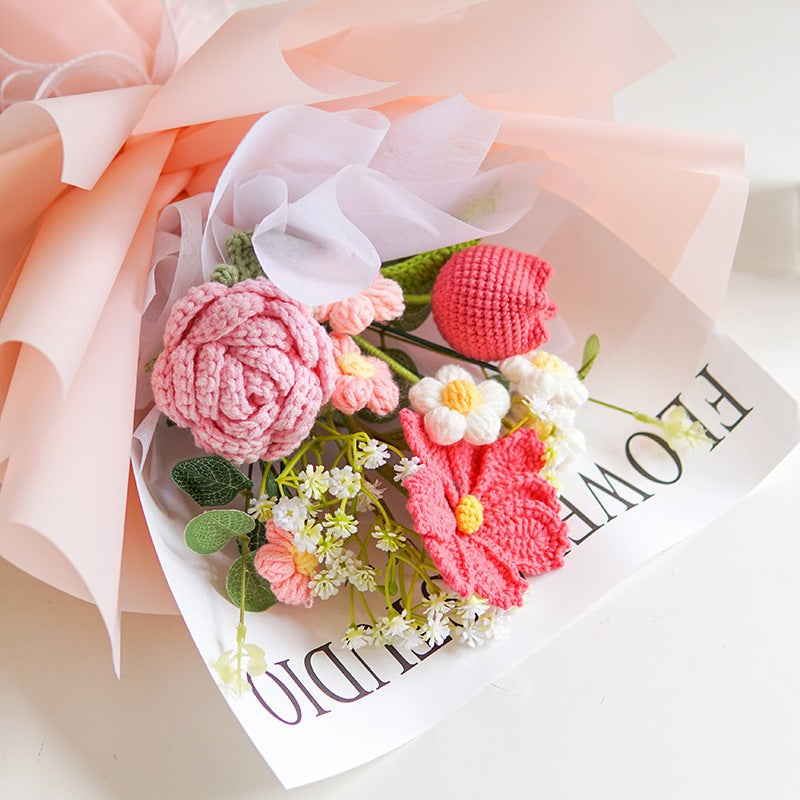 [SG Stock] Cute and Funny Roses Knitted Wool Bouquet Woolen Flower for Wedding House Warming Graduation Gift