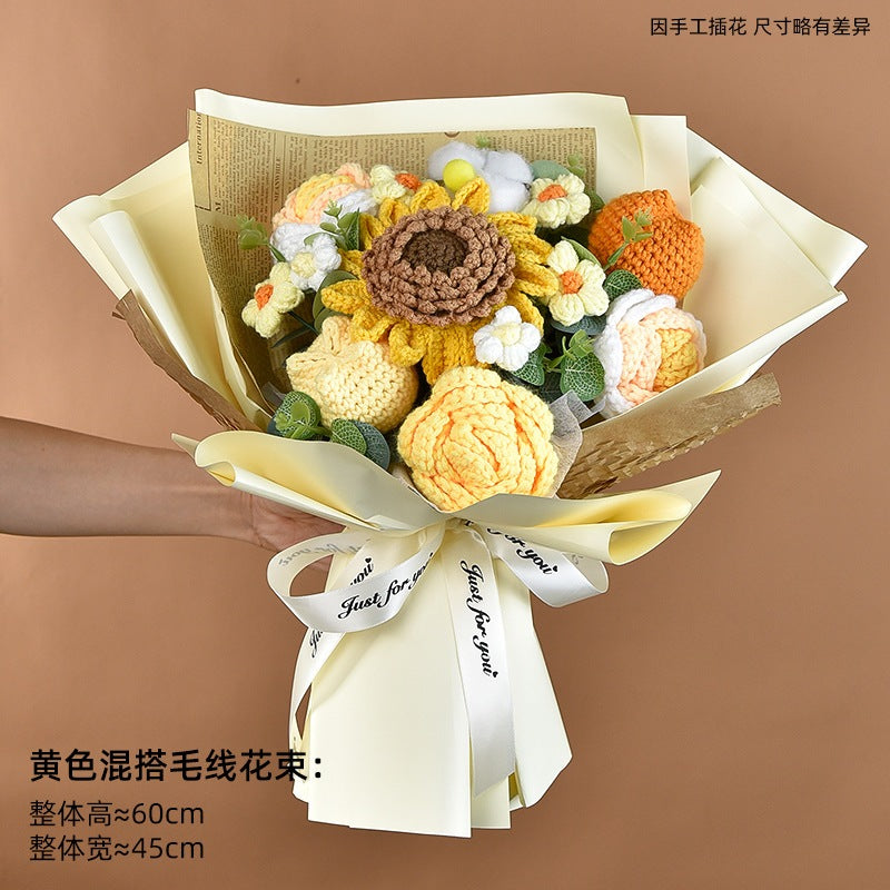 [SG Stock] Cute and Funny Roses Knitted Wool Bouquet Woolen Flower for Wedding House Warming Graduation Gift
