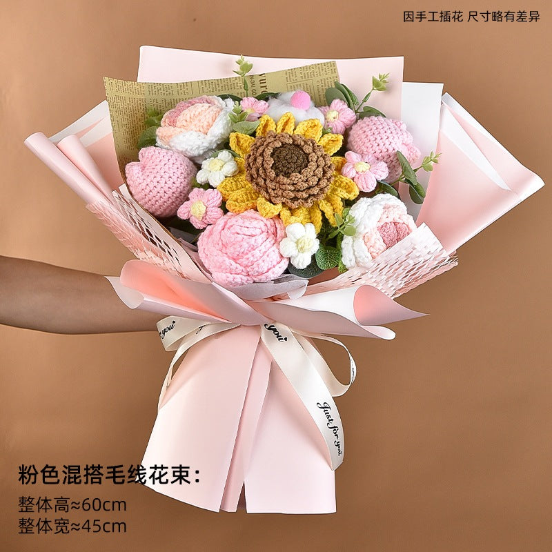 [SG Stock] Cute and Funny Big Sunflower Knitted Mixed Flower Bouquet for Wedding House Warming Graduation Gift